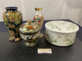 4 Centerpieces, Raised Compote w/ Lid, 2 Glass Hand Painted Vases, Large Pottery Bowl w/ Lid