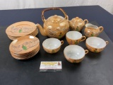 Vintage Tea Set Hand Painted Porcelain Peach Lusterware Geisha Tea Set 21 pcs