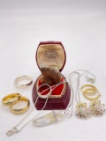 Selection of vintage sterling silver jewelry incl. 2 hoop earrings, ring, mid century flower
