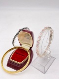 Lovely mid century pink crystal sterling silver tennis bracelet w/ sterling cuff & rhinestone
