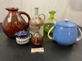 Assorted Glazed Pottery, Blown Glass Vases and Pitchers