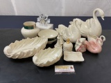 Assorted Lenox Collectibles incl. Swan Figures, Crystal Clock, Leaf Shaped Bowls