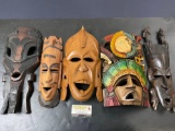 5 Handmade Wooden Face Masks, 3 from South America, 2 from Ghana