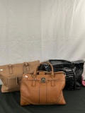 3x modern purses - Tan/light tobacco dual zip up Guess handbag, Kathy Van Zealand & Nine West