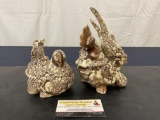 2 Chicken Figures, Rooster and Hen, Brown Crackle Texture Finish