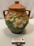 Vintage large ROSEVILLE ceramic pottery 2-handle jar w/ lid, made in USA, approx 9 x 11 in.