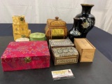 Gorgeous Collectibles Lot: Mosaic Jewelry Boxes, Asian Containers, Korean Brass Vases