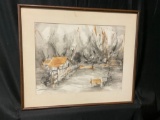 Vintage Framed Ink and watercolor Farmscape Scene