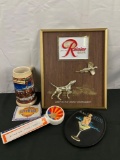 Vintage alcohol collectibles incl. Rainier Beer sign, Oak creek pull, Blue Dolphin sign etc