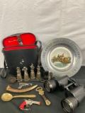 Collectibles lot incl. San & Streiffe 20x50 binoculars, 1776 pewter plate & more see pics