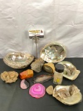 Lovely collection of abalone shells, crystals, geodes, raw ore, polished stone etc