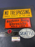 4 Metal Signs, No Trespassing, Cigarette Machine, Spokane Daily Chronicle, Seattle Washington