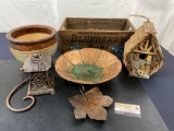 Selection of Outdoor Items, Planter Pot, Homemade Birdhouse, Brass Pieces, Candleholder, and Crate