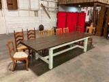 Large rustic farmhouse table w/9 assorted vintage chairs