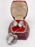 Vintage Sorrento sterling silver shell cameo & filigree pendant and earring set w/ g.f. chain