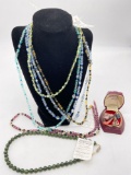 Selection of vintage bead and crystal necklace incl. Jade necklace and 4 stone pendants