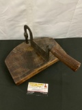 Antique cast iron and wood cleaver / cutting board combo with hook for wall hanging