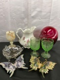 Collectibles lot incl. Antique Biltmore porcelain pitcher, hand blown glass decor & more