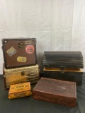 Selection of boxes incl. mini treasure chest, vintage Reuge wind up jewelry box, and more