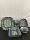 5 pc. selection of vintage handmade Polish Unikat floral motif porcelain kitchenware - see desc