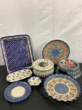 Selection of vintage handmade Polish Unikat glazed porcelain kitchen and bakeware see pics