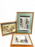 3x vintage logging camp photos and prints in oak frames and custom matting