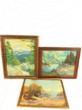 1940's vibrant Mountain and cabin scene prints in antique frames - one marked Mount Hood