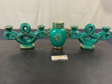 Mid Century Verceram Vase 5740, 2 Candleholders, Turquoise & Gold