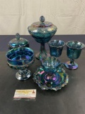 7 pcs of Gorgeous Carnival Glass Blue, Indiana Harvest Grape Pattern
