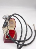 Apache Dancer Inlaid Kachina sterling silver shell & onyx bolo tie - signed 