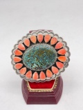 Navajo Native American Robert Shakey sterling silver turquoise & spiny oyster adorned belt buckle