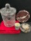 Collectibles incl. thick crystal lidded jar, red marble stand, Quartz, Polish egg cup & crystal
