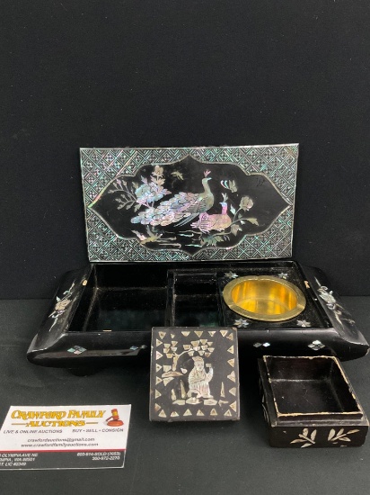 Vintage Japanese lacquered mother of pearl inlay Peacock scene inkwell box & inlaid small box