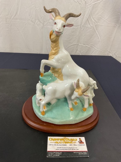 Unique Porcelain Goat w/ 3 Kids Statue Wooden Base