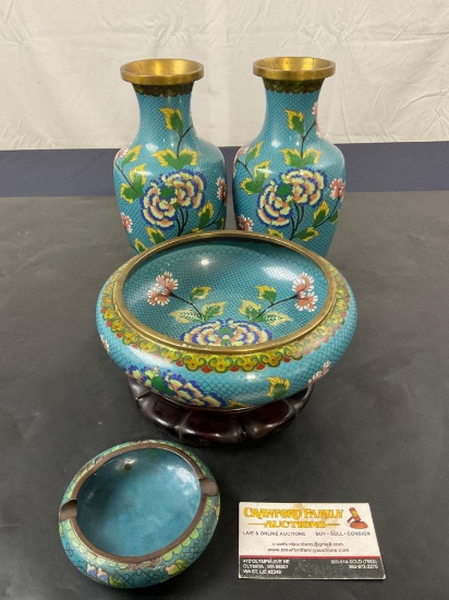 Aqua Cloisonne Set of Vases, Ashtray & Serving Bowl