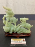Asian Chinese Green Jade Carved Duo of Goats w/ Wooden Stand
