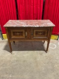 Mahogany-inlayed red marble top small English sideboard/hall table on casters