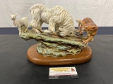 Porcelain Figural Bottle depicting Mountain Goat fighting a Cougar w/ Wooden Base