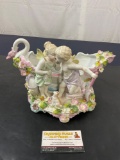 Capodimonte Style Planter/Candy Bowl Figural Boy/Girl Swan Boat Piece