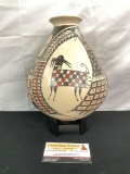 Hand painted and thrown Mata Ortiz pottery tear drop vase signed by Alvaro Ledezema