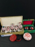 Collection of Chinese collectible incl. Cinnabar red pillbox, 5 pc. Cloisonne vase set & more