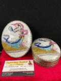 Pair of vintage Chinese porcelain & silver-plate hand painted trinket boxes w/ dancer scene
