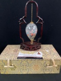 Vintage Chinese reverse painted glass egg display on rosewood stand w/ original box