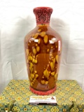 Vintage Chinese handmade spotted porcelain vase w/ Cinnabar bottom & top