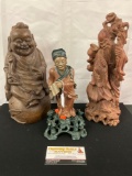 3x vintage Chinese statue figurines - wooden Buddha, Elder w/ bone detail & composite scholar
