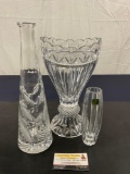 3 Crystal Vases, Waterford by Marquis, 24% Lead Crystal from Poland, Large Vase by Godinger