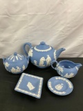 Vintage blue jasper-ware Wedgwood porcelain teapot w/ creamer, sugar & 2 extra plates