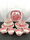 24 pc Copeland England Spode Spode's tower red transfer-ware plate, bowl and cup service