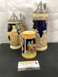 Selection of 3 vintage German salt glazed steins, 2 with lids, one marked West Germany