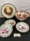 Vintage Japanese porcelain ware Imari bowl w/ stand, King Tut Boehm plate & 4x Lefton plates